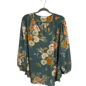 Elegant Floral Blouse in Green and Orange